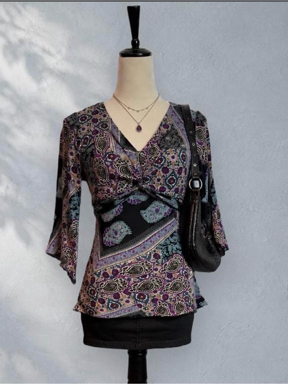 Dressbarn Paisley Twist Front Bell Sleeve Blouse Purple Teal Boho Size Small